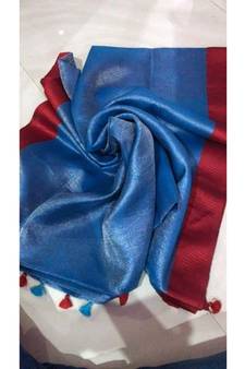Tissue Linen Handwoven Saree With Contrast Border And Blouse Piece