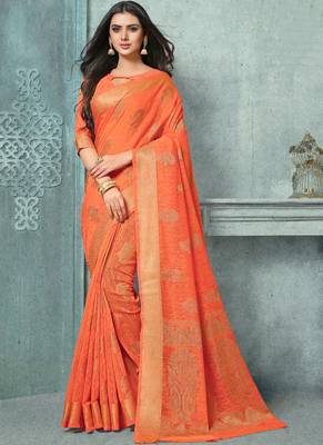 Orange woven faux jute saree with blouse 1