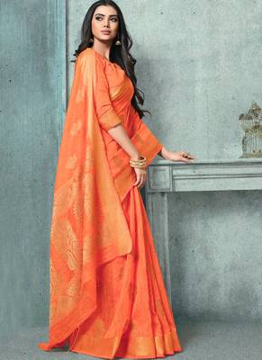 Orange woven faux jute saree with blouse 2