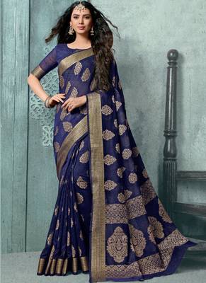Blue woven faux jute saree with blouse 1