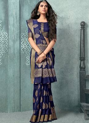 Blue woven faux jute saree with blouse 2