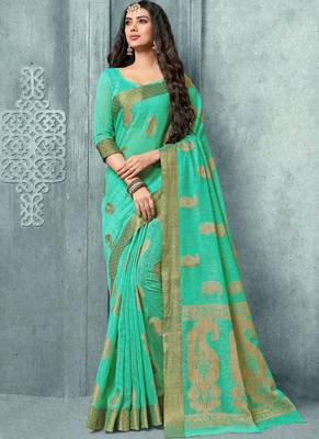 Turquoise woven faux jute saree with blouse 1