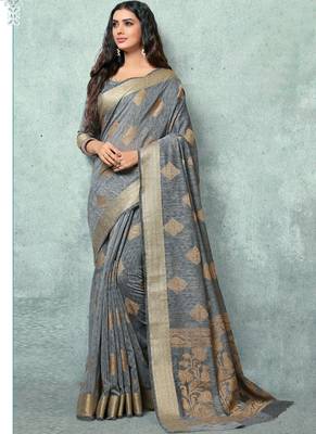 Grey woven faux jute saree with blouse 1