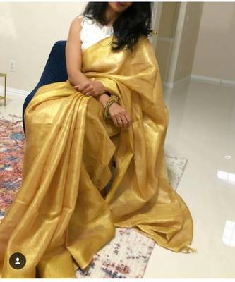 Golden Tissue Linen Handwoven Saree And Blouse Piece 1