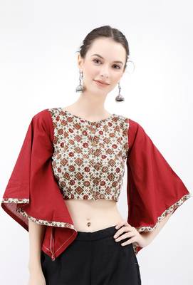 Off White & Maroon Cotton Blouse With Flared Bell Sleeves 1