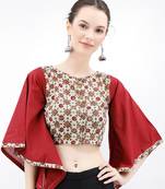 Off White & Maroon Cotton Blouse With Flared Bell Sleeves