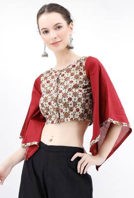 Off White & Maroon Cotton Blouse With Flared Bell Sleeves 2
