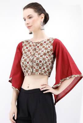 Off White & Maroon Cotton Blouse With Flared Bell Sleeves 3