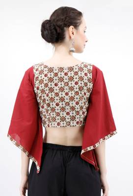 Off White & Maroon Cotton Blouse With Flared Bell Sleeves 4