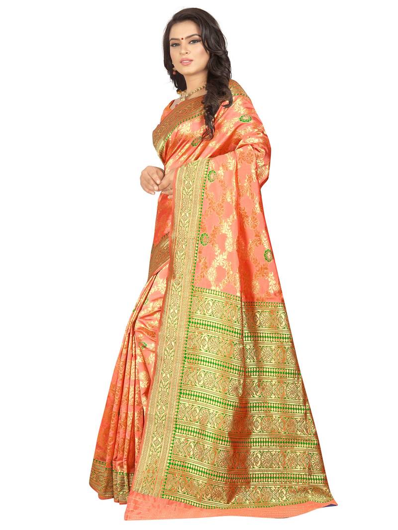 Peach with Green Banarasi Silk Blouse main image 0