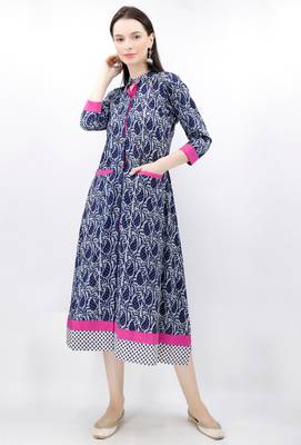 Blue Hand Block Printed Bagru Maxi Dress With Magenta Border 1