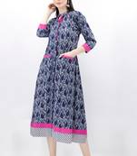 Blue Hand Block Printed Bagru Maxi Dress With Magenta Border