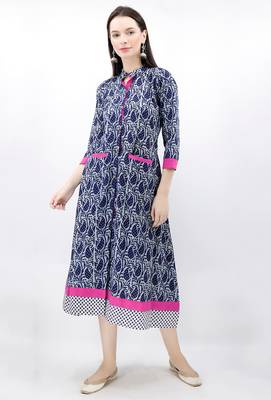 Blue Hand Block Printed Bagru Maxi Dress With Magenta Border 2