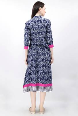 Blue Hand Block Printed Bagru Maxi Dress With Magenta Border 3
