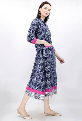 Blue Hand Block Printed Bagru Maxi Dress With Magenta Border 4