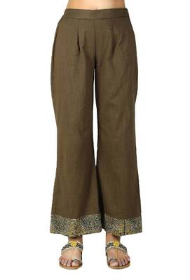 Khaki Green Cotton Slub Ajrakh Palazzo 1