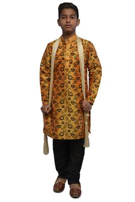 Orange printed dupion silk boys-kurta-pyjama 1