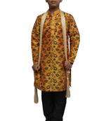 Orange printed dupion silk boys-kurta-pyjama