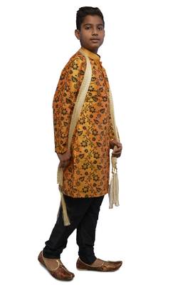 Orange printed dupion silk boys-kurta-pyjama 2