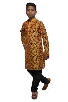 Orange printed dupion silk boys-kurta-pyjama 5