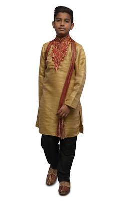Fawn Embroidered Bhagalpuri Silk Boys Kurta Pyjama 1