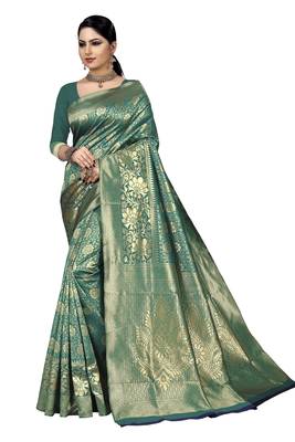 Green embroidered banarasi silk saree with blouse 1