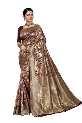 Red embroidered banarasi silk saree with blouse 2