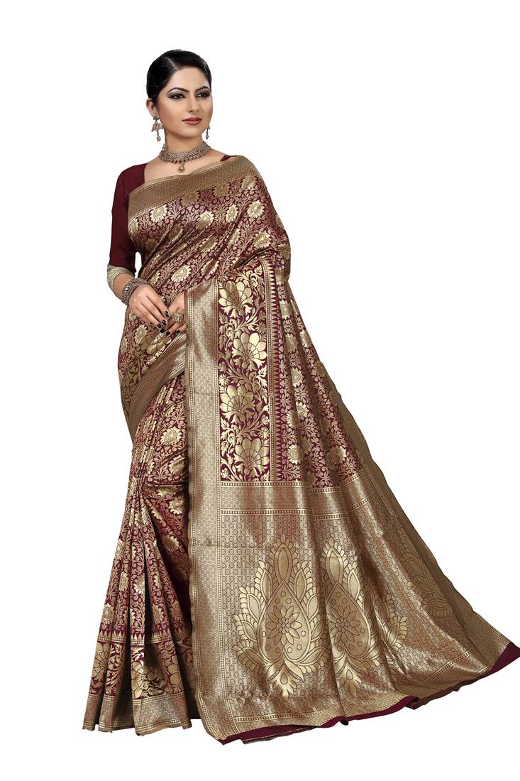 Red embroidered banarasi silk saree with blouse