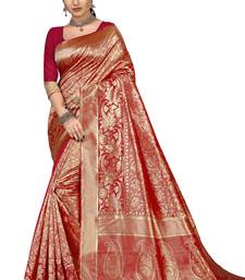 Red embroidered banarasi silk saree with blouse