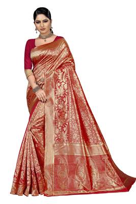 Red embroidered banarasi silk saree with blouse 2