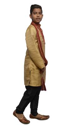 Fawn Embroidered Bhagalpuri Silk Boys Kurta Pyjama 2