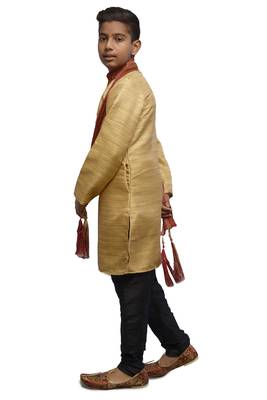 Fawn Embroidered Bhagalpuri Silk Boys Kurta Pyjama 3