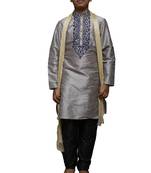 Grey Embroidered Dupion Silk Boys Kurta Pyjama