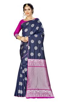 Navy Blue Woven  Art Silk Saree With Blouse