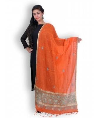 Orange Cotton Net Chikankari & Zardozi Work Dupatta 1
