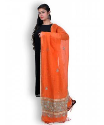 Orange Cotton Net Chikankari & Zardozi Work Dupatta 2