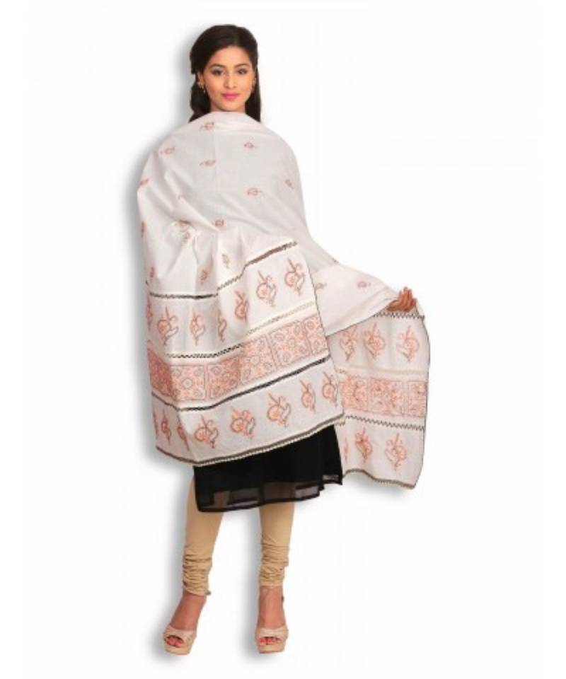 White Cotton Dupatta with Chikankari & Crochet work