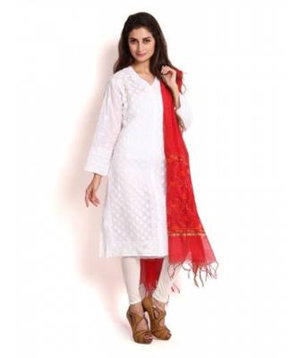 Red Chanderi Silk Dupatta with Chikankari 2