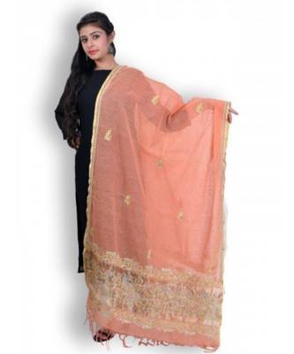 Peach Cotton Net Dupatta With Chikankari & Zardozi Work 1