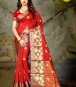 Red woven banarasi saree with blouse