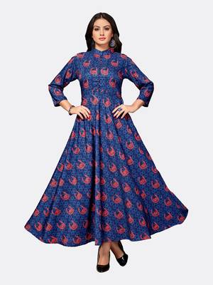 Dark blue printed polyester kurtas and kurtis 1