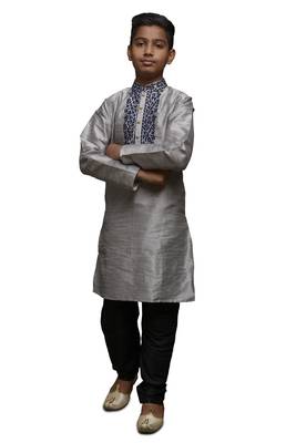 Grey Embroidered Dupion Silk Boys Kurta Pyjama 5