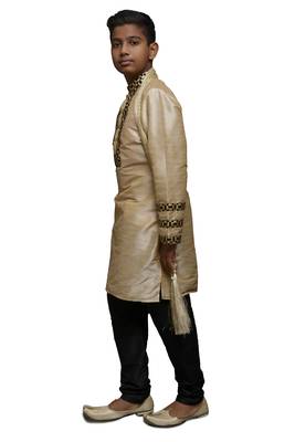 Fawn Embroidered Dupion Silk Boys Kurta Pyjama 3