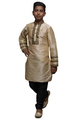 Fawn Embroidered Dupion Silk Boys Kurta Pyjama 5