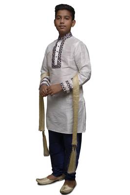 White Embroidered Dupion Silk Boys Kurta Pyjama 1