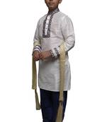 White Embroidered Dupion Silk Boys Kurta Pyjama