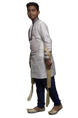 White Embroidered Dupion Silk Boys Kurta Pyjama 2