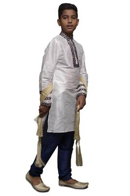 White Embroidered Dupion Silk Boys Kurta Pyjama 3