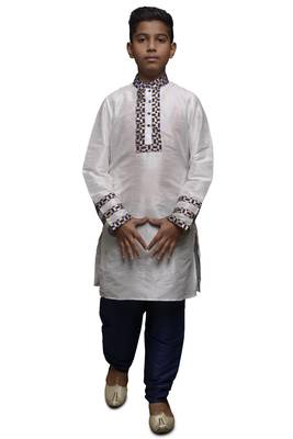White Embroidered Dupion Silk Boys Kurta Pyjama 4