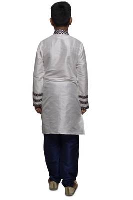 White Embroidered Dupion Silk Boys Kurta Pyjama 5